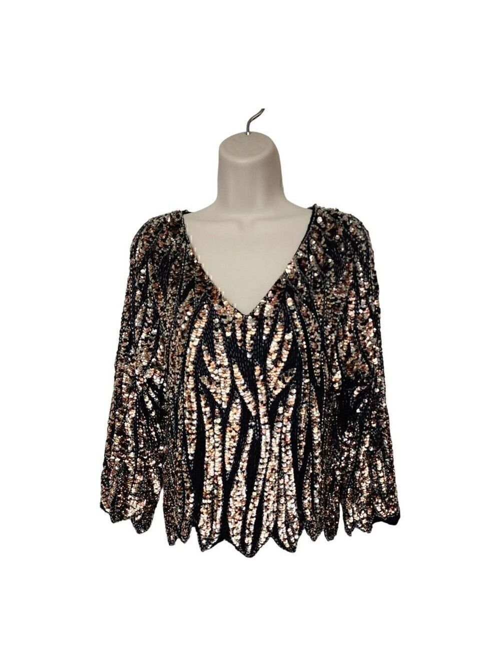 Oleg Cassini Black Jewel Beaded Sequin Silk V-Neck Scalloped Top Size Small
